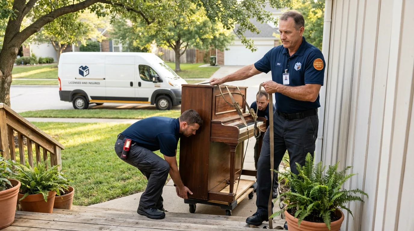Licensed piano movers securing grand piano in Rye, NY