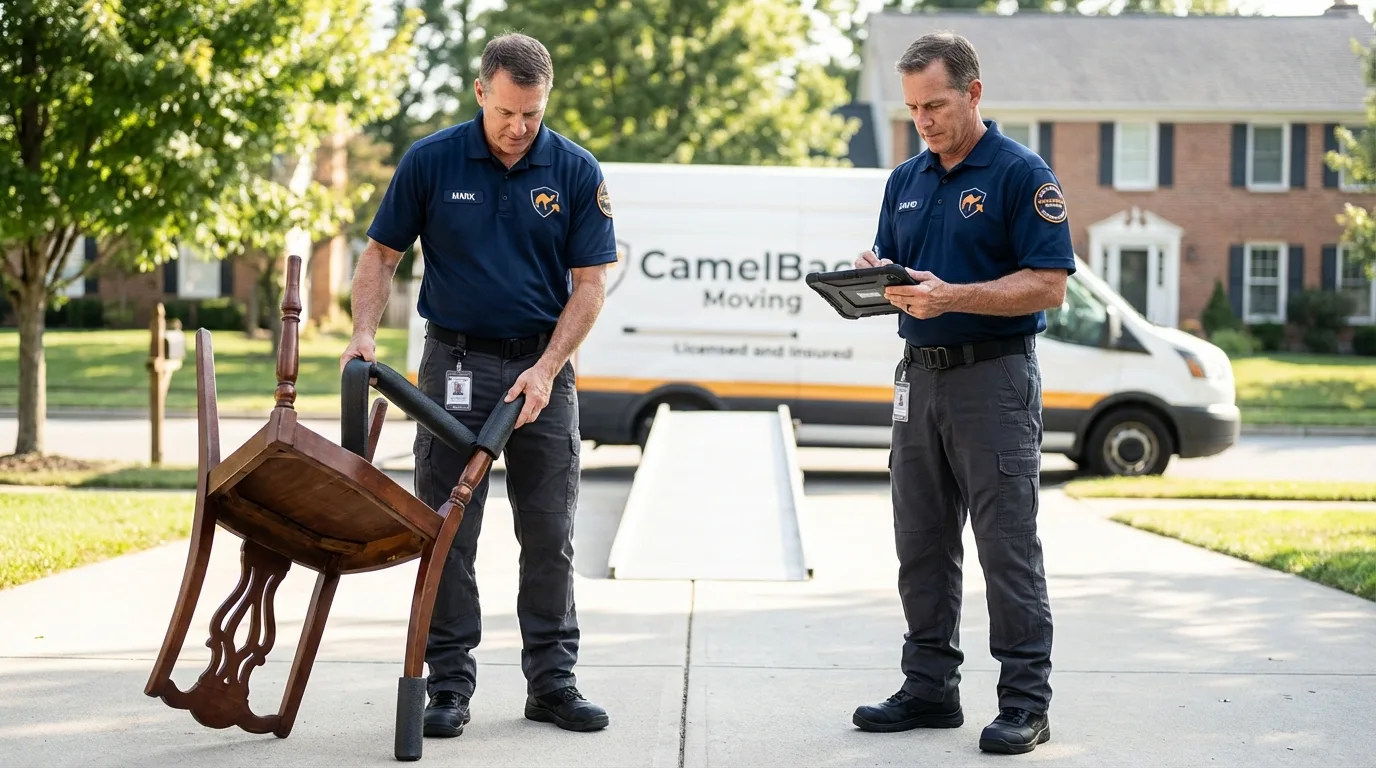 Movers inspecting furniture for damage prevention before loading in Rye, NY