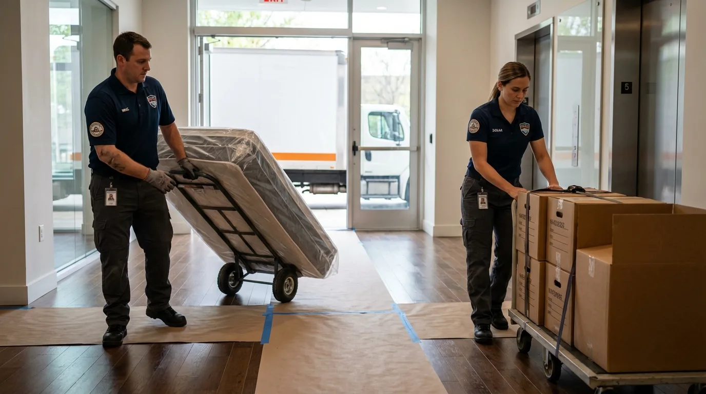 Professional apartment movers loading elevator in Rye, NY