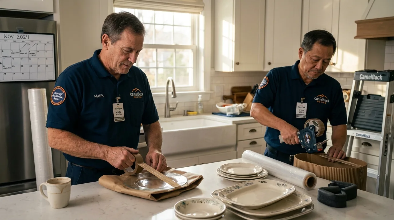 Professional crew packing kitchen dishware in Rye, NY